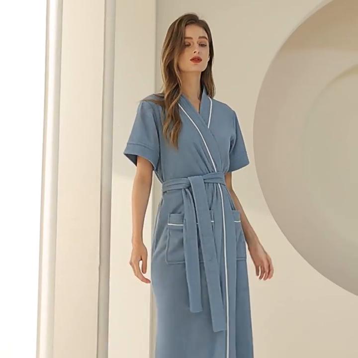 Women's Spring Summer Long Soft Terry Cloth Bathrobe Couples Short Sleeves Robe with Pockets V Neck Lace Up Sleepwear