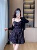 Beautiful Girl Black Floral Print Mini Dress Thin Strap Ruffle A Line Dress High-waist Slim Casual White Short Dress Summer Casual Beach Party Dress