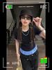 2025 Summer MODAL COTTON Sexy T-shirts for Women Plaid Splicing O-neck Short-sleeve T Shirt Black Slim Elastic Skinny Short Tops