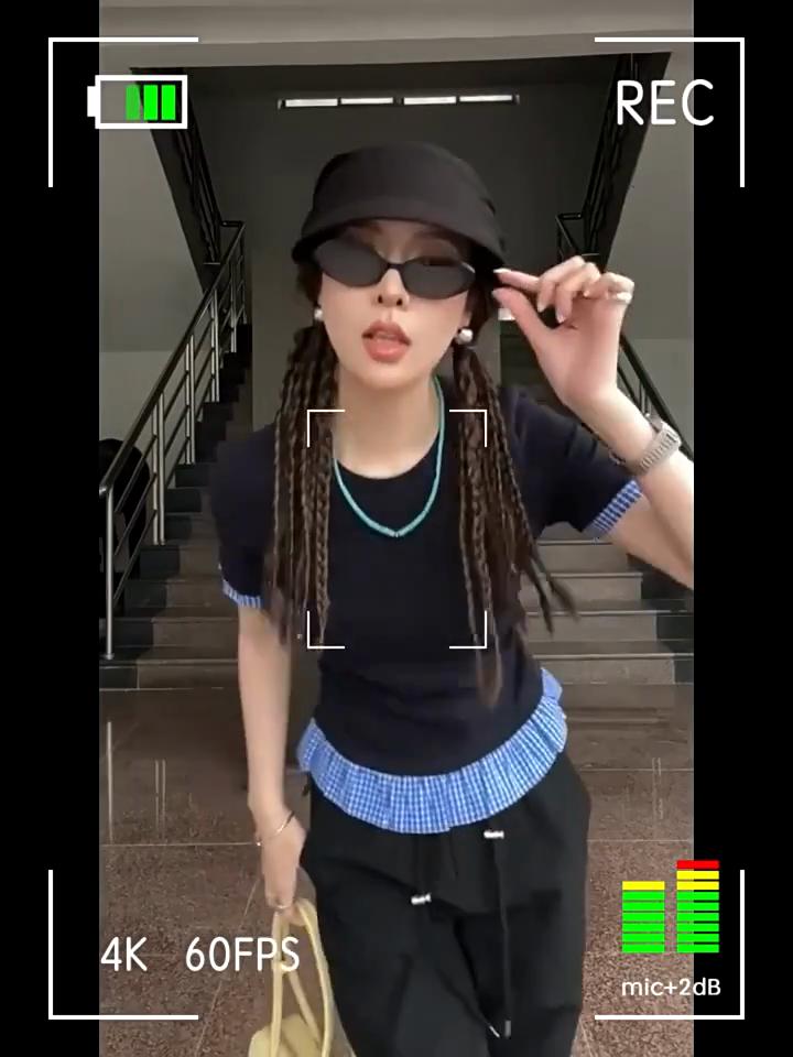 2025 Summer MODAL COTTON Sexy T-shirts for Women Plaid Splicing O-neck Short-sleeve T Shirt Black Slim Elastic Skinny Short Tops