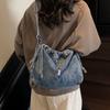 Vintage Denim Schultertasche Damen Kordelzug Bucket Bag Pendler Crossbody Bag