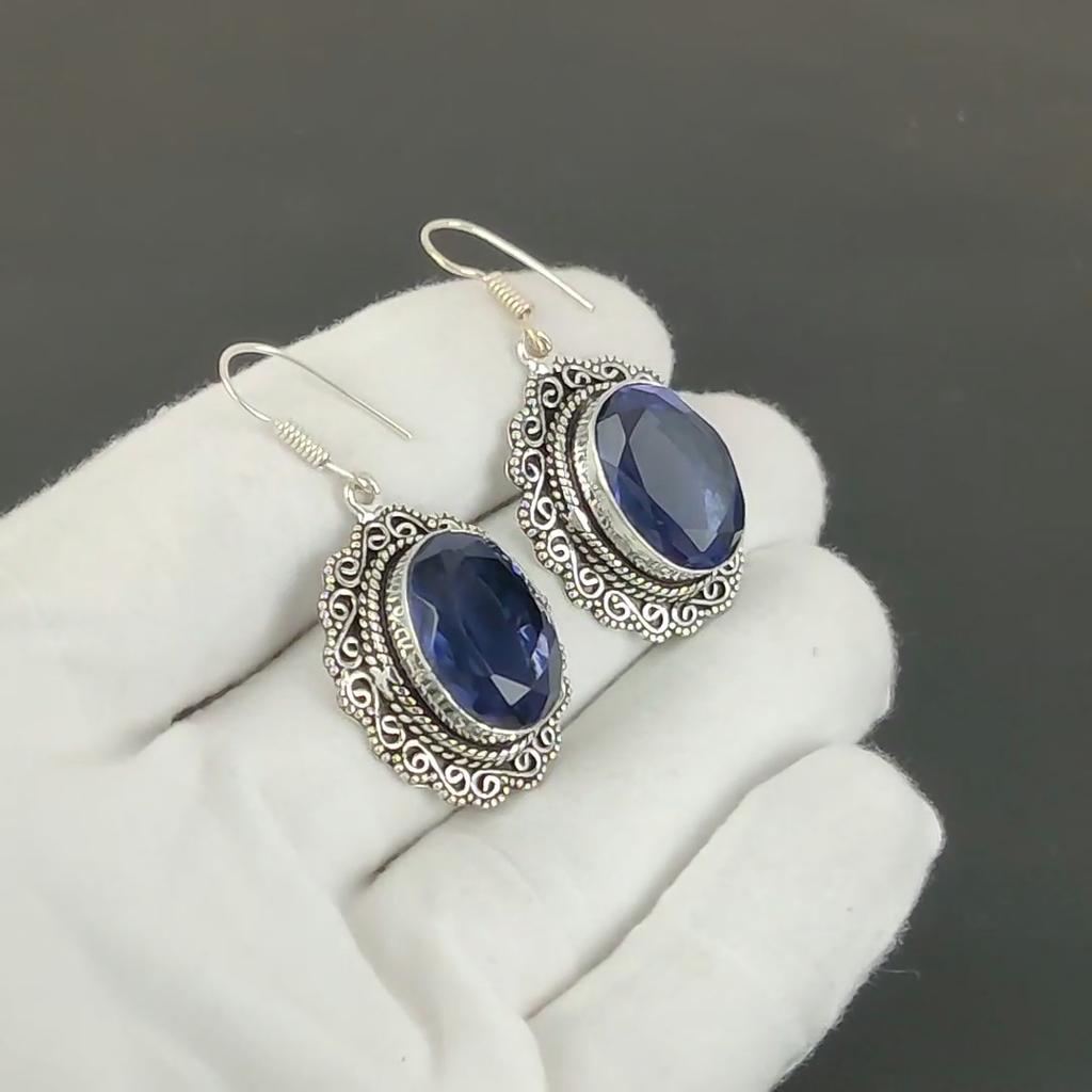 London Topaz Gemstone Earrings, 925 Sterling Silver Earrings, Handmade Silver Earrings For Gift, London Topaz Dangle Drop Earrings For Gift