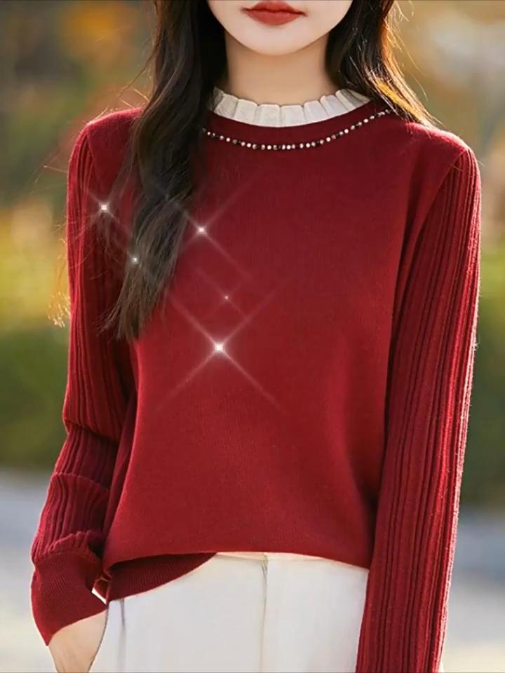 Einfarbiger Pullover Damen Perlenbesetzt Locker Modisch Unterziehstrickpullover Herbst und Winter Oberteil
