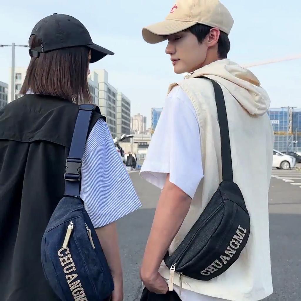 Women's Denim Chest Bag Letter Crossbody Bag Waist Bag Men's Large Capacity Sports Bag