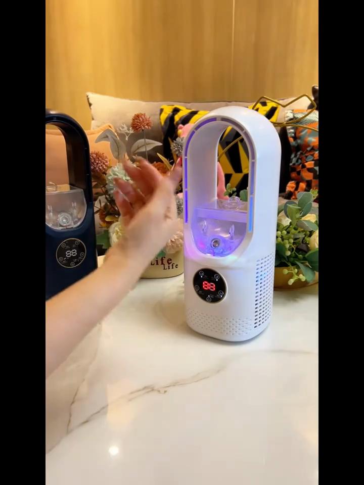 Ventilatore Portatile Aria Condizionata, Ventilatore a Torre USB, Ventilatore da Scrivania Senza Pale - Raffreddamento a Nebbia d'Acqua, Luce Ambientale LED a Sette Colori, Timer e Spegnimento Intelligente