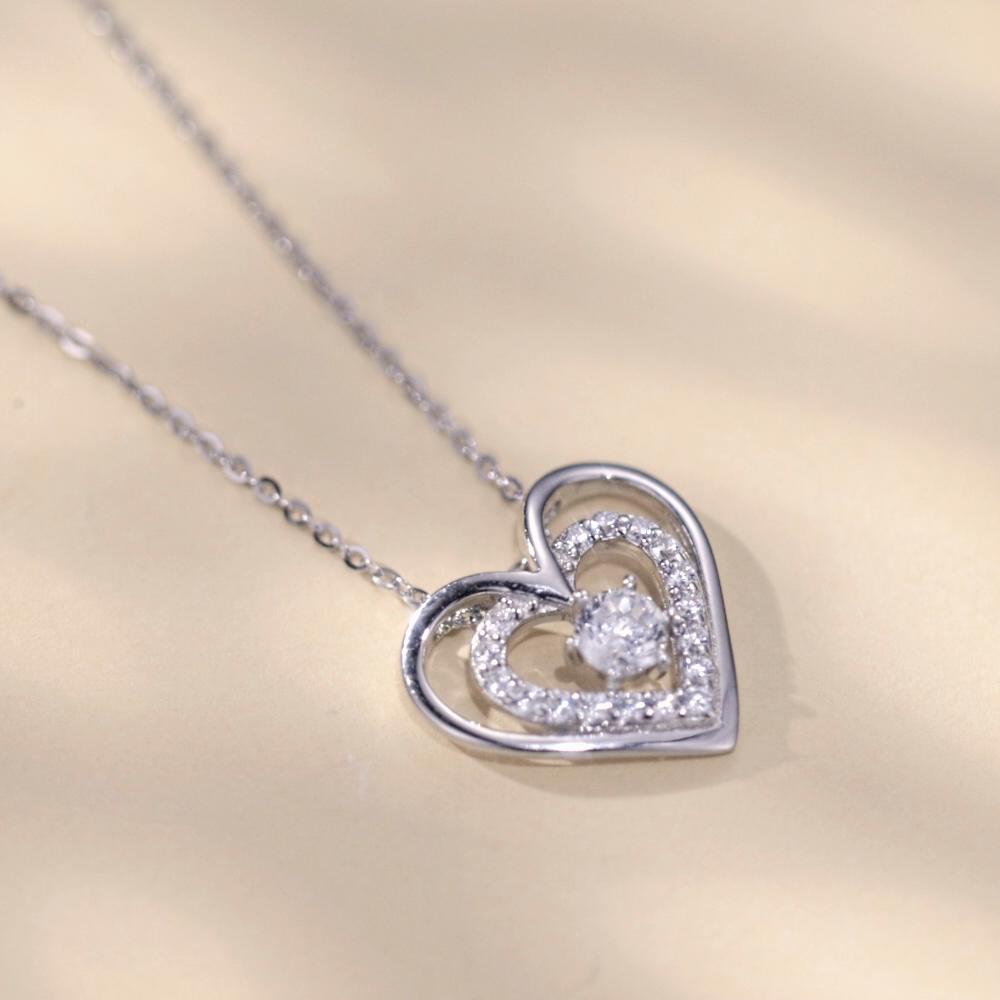 BAMOER 925 Sterling Silver Sparkling Double Heart Pendant Necklace Dancing Heart Neck Chain for Women Valentine's Day Gift