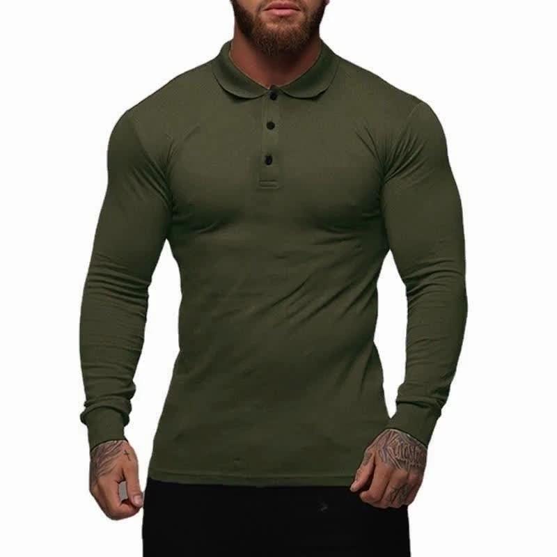 Muscleguys Pánské jarní polokošile s dlouhým rukávem s klopou American Muscle Man Slim Fit trička Pohodlné bavlněné topy