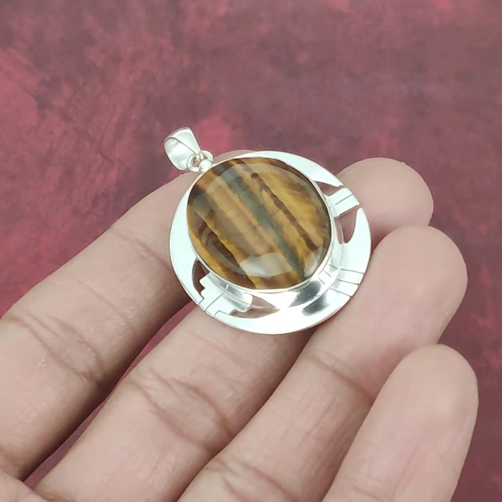 Pendentif œil de tigre en argent sterling massif 925, pendentif en pierre précieuse fait main, cadeau pour maman, bijou ancien