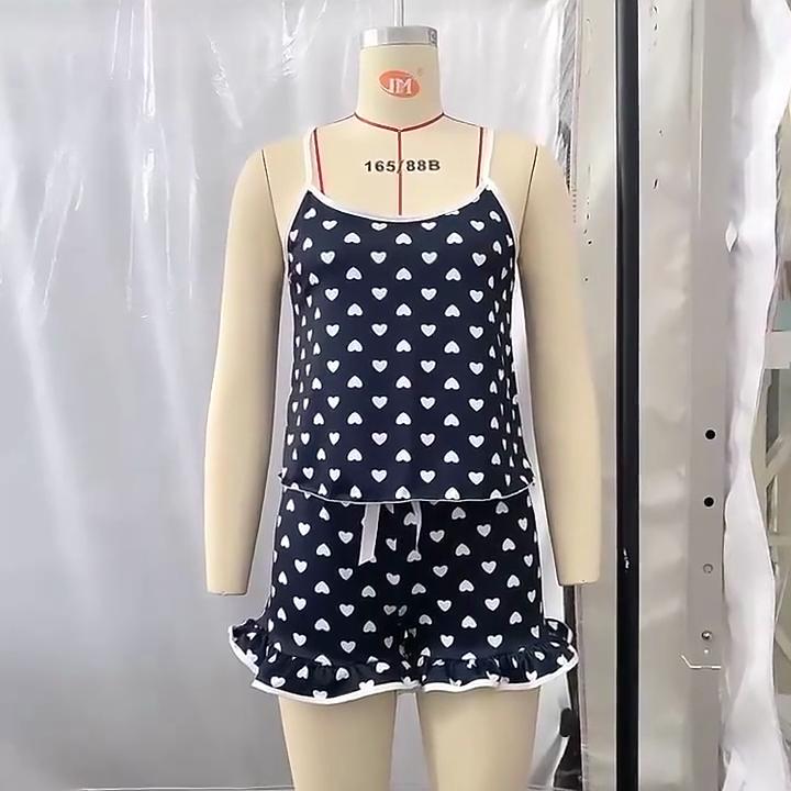 1 Set Women Pajamas Set Camisole Sleeveless Elastic Waist Sleeping Wear Polyester Heart Print Summer Pajamas Set Sleeping Garment