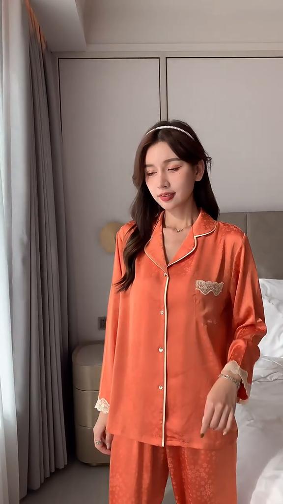 Women's Spring and Autumn Lace Loungewear Ladies 2-piece Long Sleeve Pajamas Set Summer Thin Ice Silk Homewear