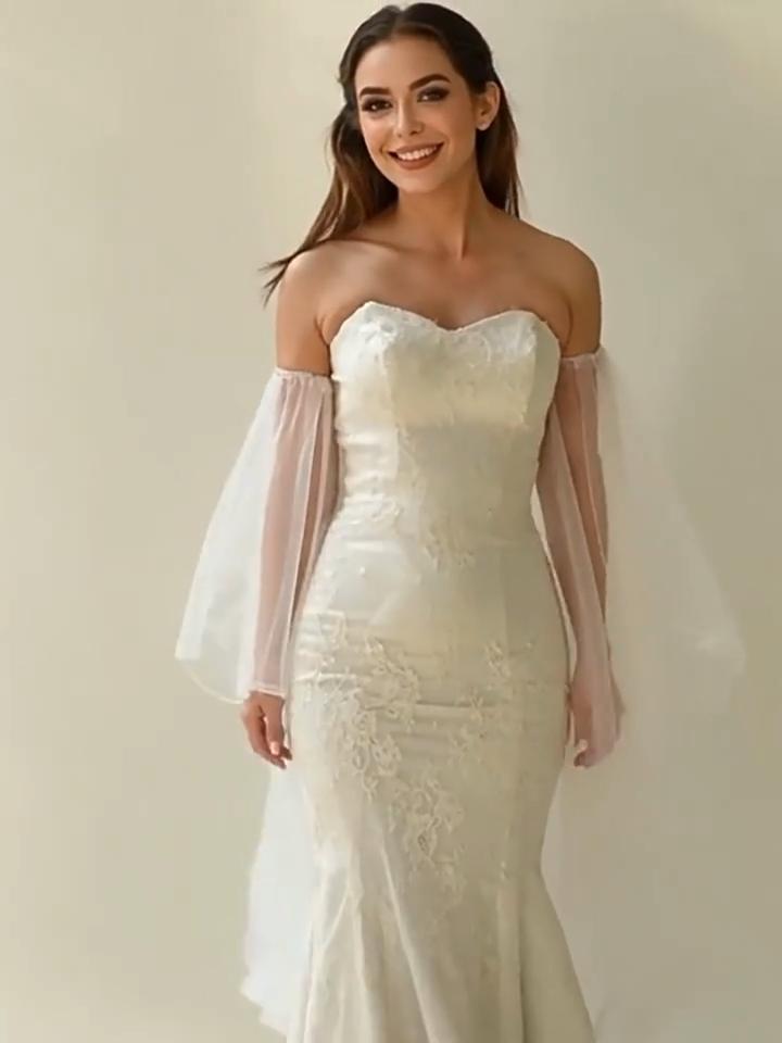 Maniche a Soffio Lunghe Staccabili in Tulle, Maniche Finte Ruffled in Rete Trasparente Off-Shoulder per Abito da Sposa, Abito da Sera/Prom