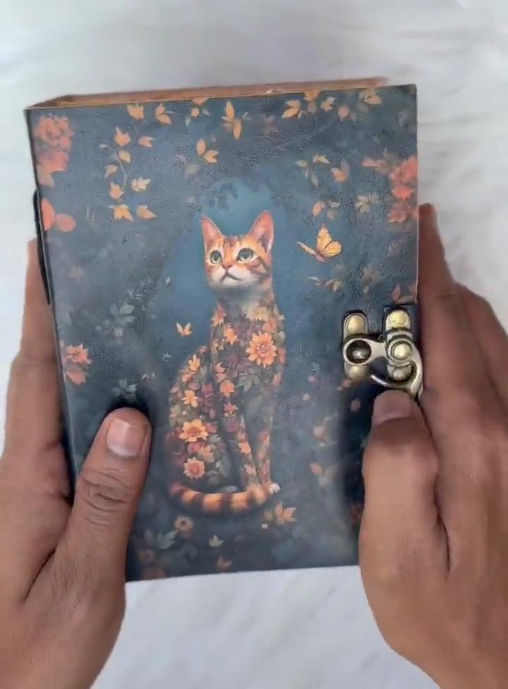 Handmade Vintage Cat Journal – Leather Notebook with Floral Cat Art & Aged Deckle Edge Pages – Witchy Grimoire Journal - Book of Shadows