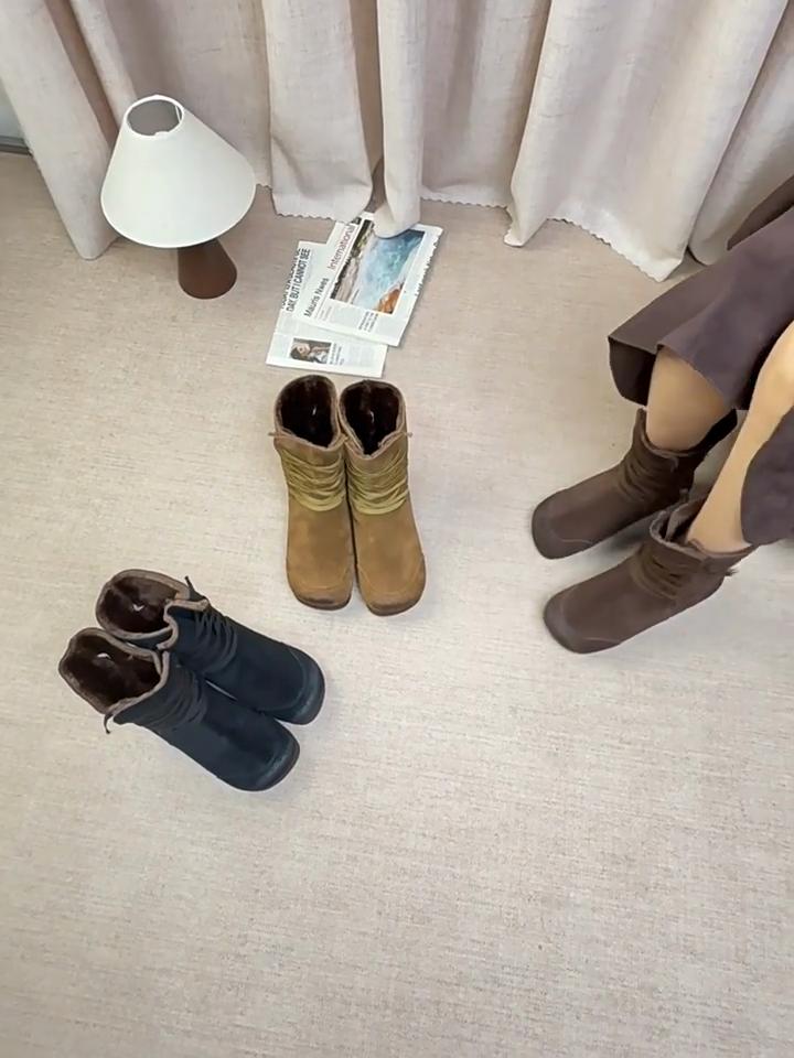 Johnature Plush Cow Suede Plush Women's Mid-calf Boots Retro Lace-up Warm Flat Bottom Snow Boots