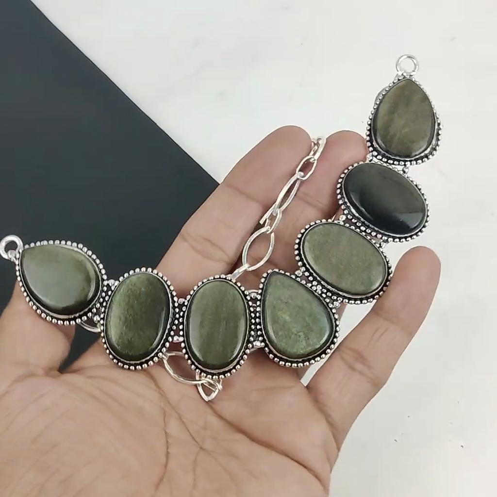 Golden Obsidian Gemstone Handmade 925 Sterling Silver Necklace, Golden Obsidian Silver Necklace For Wife, Unisex Necklace, Birthday Gift