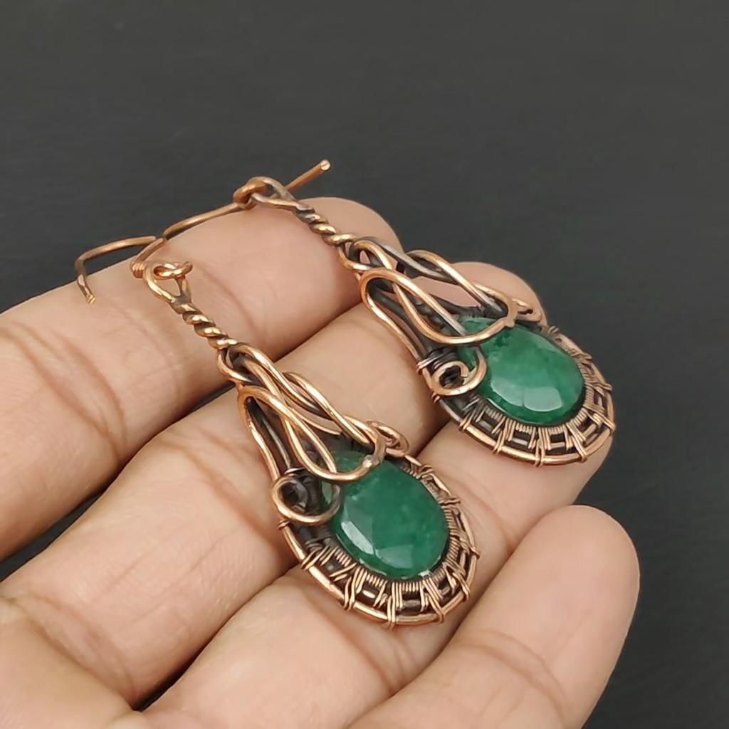 Emerald Lab-Created Gemstone Handmade Pure Copper Wire Wrapped Earrings Jewelry