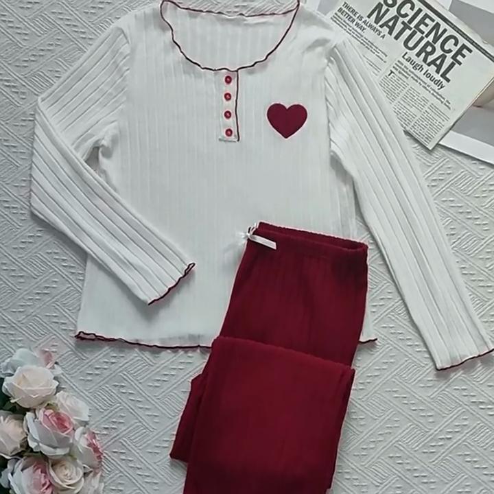 Women’s Autumn and Winter 2 Piece Pajama Set Heart Embroidery Long Sleeve Top and Long Pants Loungewear Suitable for Outdoor Wear