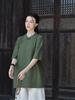 Johnature Vintage Women Shirts Stand Half Sleeve Solid Color Blouses Summer Button Chinese Style Loose Shirts