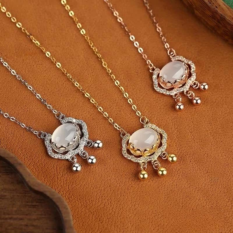 S925 Sterling Silver with Diamonds, Chalcedony White Safety Lock Necklace, Simple Classic Elements, National Style Design Collarbone Chain