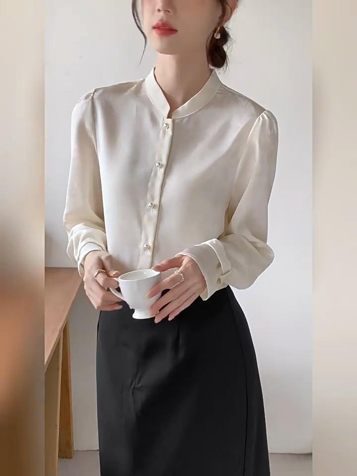 Jacquard Standing Collar Shirt for Women Spring and Autumn Niche Vintage French Layering Top