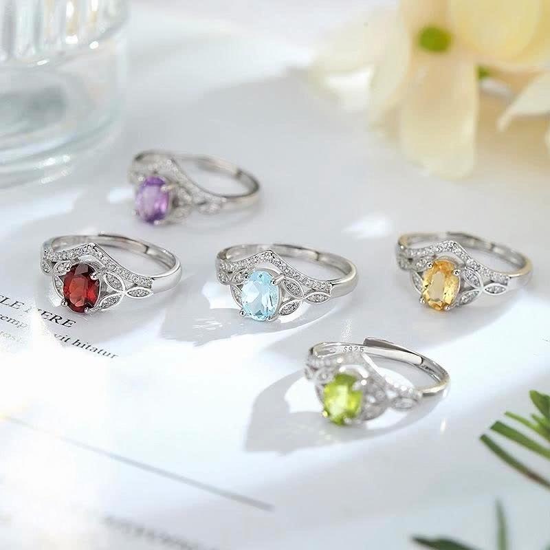S925 Silver Natural Stone Leaf Open Ring, Multiple Colors, Minimalist Fashion Jewelry Accessory for Girls, Gift for Her