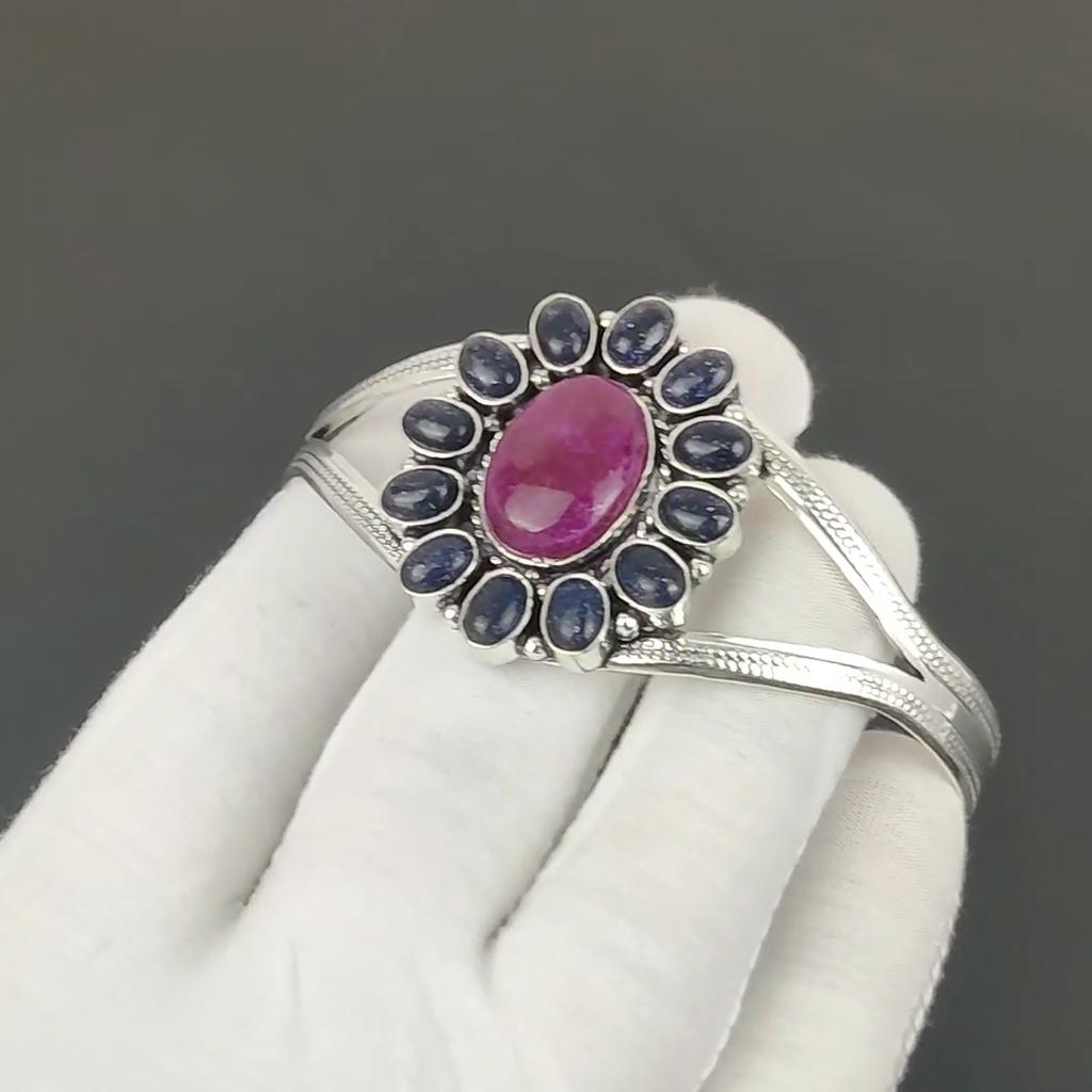 Red Ruby Gemstone Handmade Cuff Bangle 925 Sterling Silver Cuff Bangle, Blue Sunstone Flower Shape Bracelet For Wife, Unisex Bangle, Gift