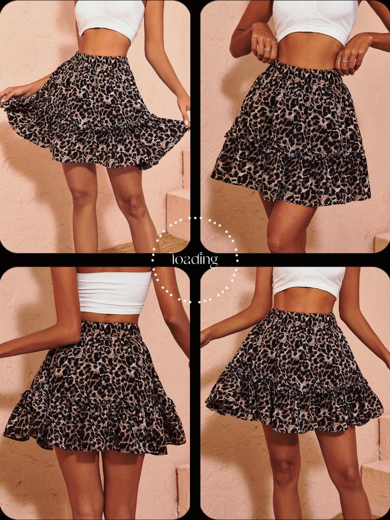 Rose Beauty Une jupe basique pour femme, short, mini jupe plissée élastique, imprimé léopard, ourlet à volants, jupe évasée