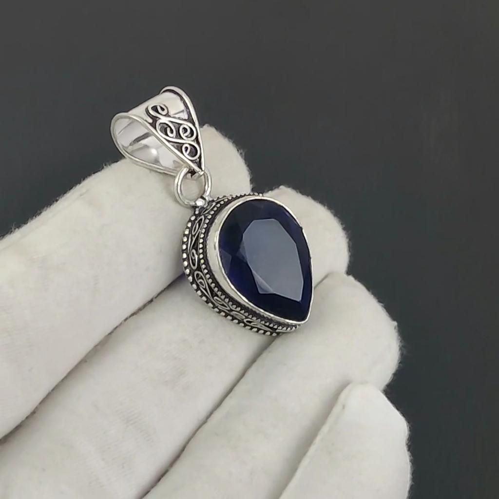 Unique Blue Sapphire Gemstone Silver Pendant in 925 Sterling Silver - Handmade Pear Design, Everyday Wear Jewelry Anniversary Gift