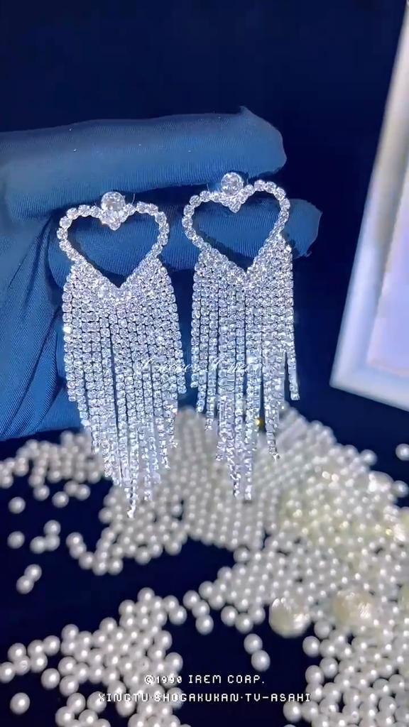 Europe And The United States Temperament Hollow Rhinestone Long Paragraph Tassel Love Earrings Senior Sense Earrings Female Earrings Jewelry