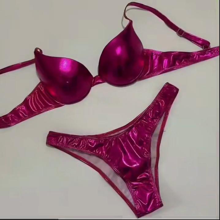 Metalowy Letni Push Up Biustonosz z Wypełnieniem Kostium Kąpielowy Plażowa Odzież Damska Seksowne Figi Bikini Zestaw Srebrny Złoty Dropshipping Biquini Stroje Kąpielowe