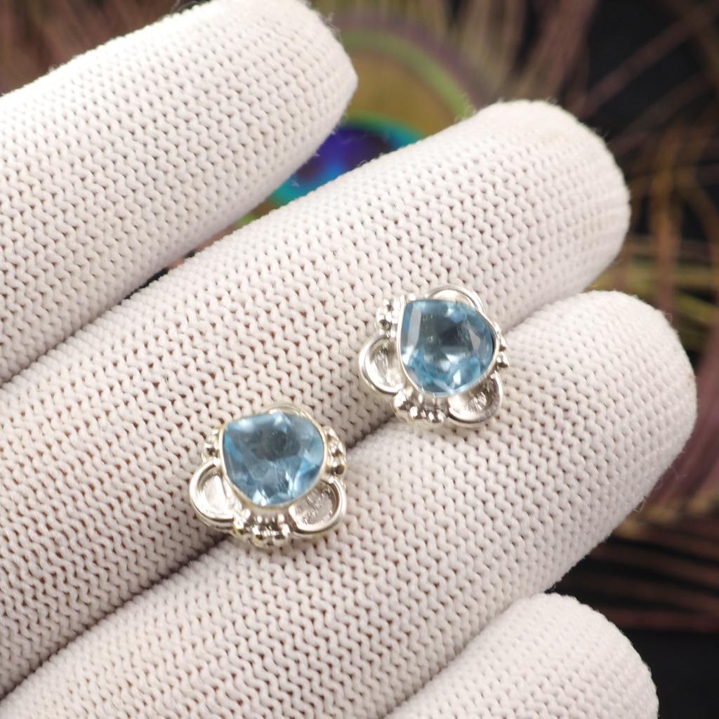 Sky Blue Topaz Gemstone Earrings 925 Fine Silver Handmade Jewelry Wedding Studs EE-159-11