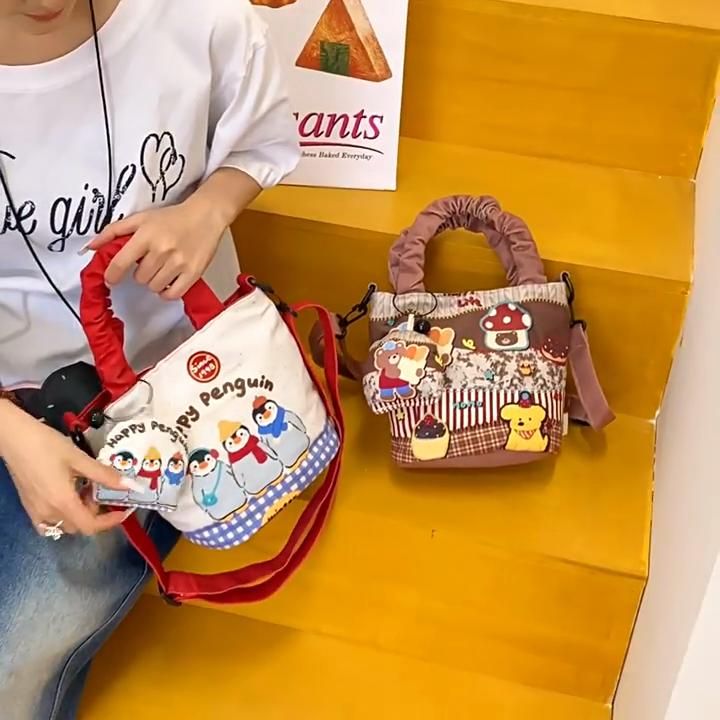Cute Illustration Dopamine Canvas Small Bucket Bag With Cartoon Penguin And Bear Print Design For Daily Use