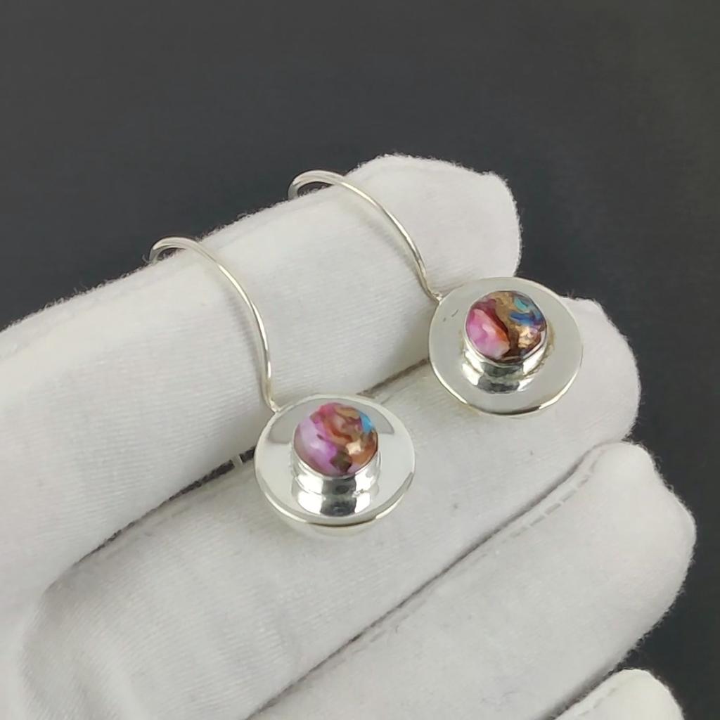 Natural Kingman Pink  Spiny Oyster Gemstone Earrings, 925 Sterling Silver Earring, Handmade Boho Silver Jewelry Dangle Earrings, Birthday Gift