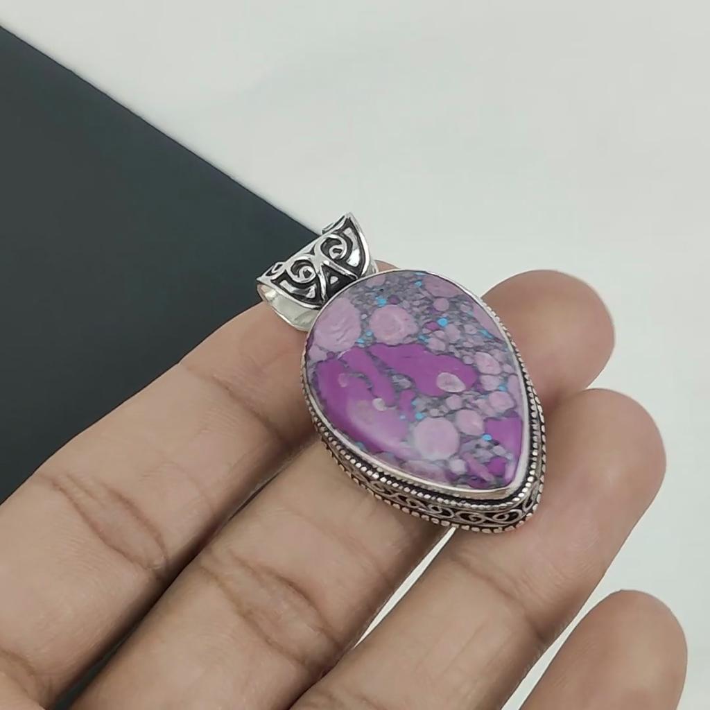 Natural Purple Turquoise Gemstone Silver Pendant In 925 Sterling Silver - Handmade Pear Design, Everyday Wear Jewelry Gift For Her