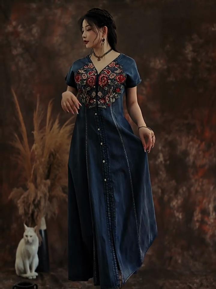 Johnature Chinese Style Casual Embroidery Vintage Cowboy Dress Summer Women Solid Color Niche Design Dresses
