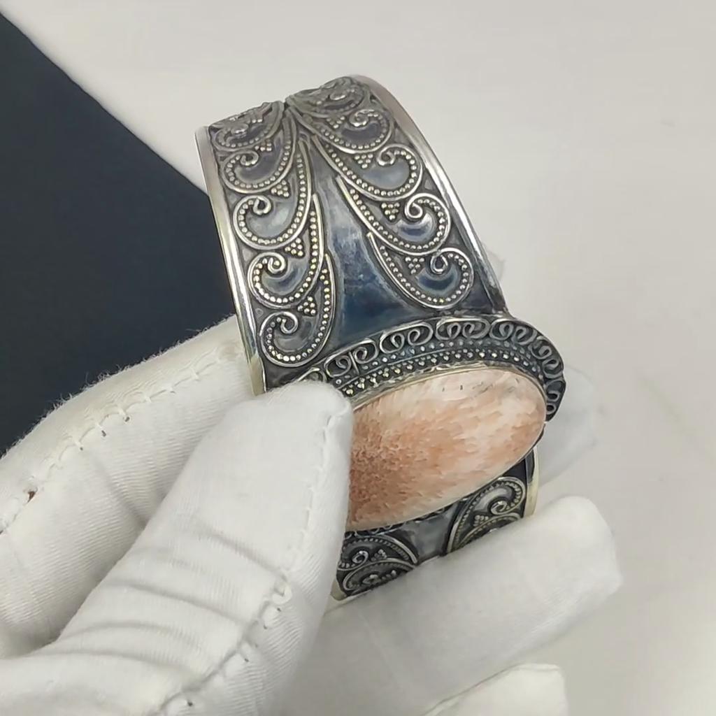 Natural Orange Scolecite Gemstone Handmade 925 Sterling Silver Cuff Bangle, Orange Scolecite  Bangle,For Wife, Unisex Bangle, Gift For Her