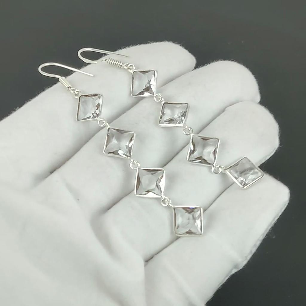 White Topaz Gemstone Earrings, 925 Sterling Silver Earrings, Handmade Silver Earrings For Gift, White Topaz Dangle Earrings New Year Gift