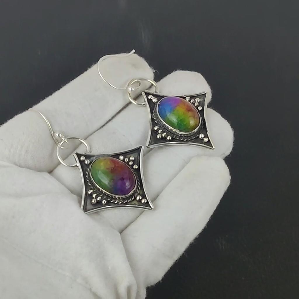 Natural Rainbow Solar Quartz Antique Earrings 925 Sterling Silver Earring, Boho Silver Jewelry Dangle Earrings, Valentine Day Gift