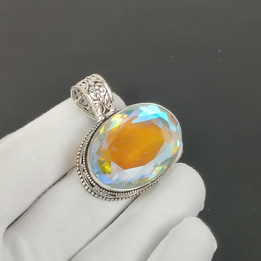 Mystic Topaz Pendant, 925 Sterling Silver Handmade Jewelry, Mystic Topaz Silver Pendant, Party Wear Jewelry For Women's, Pendant Anniversary Gift