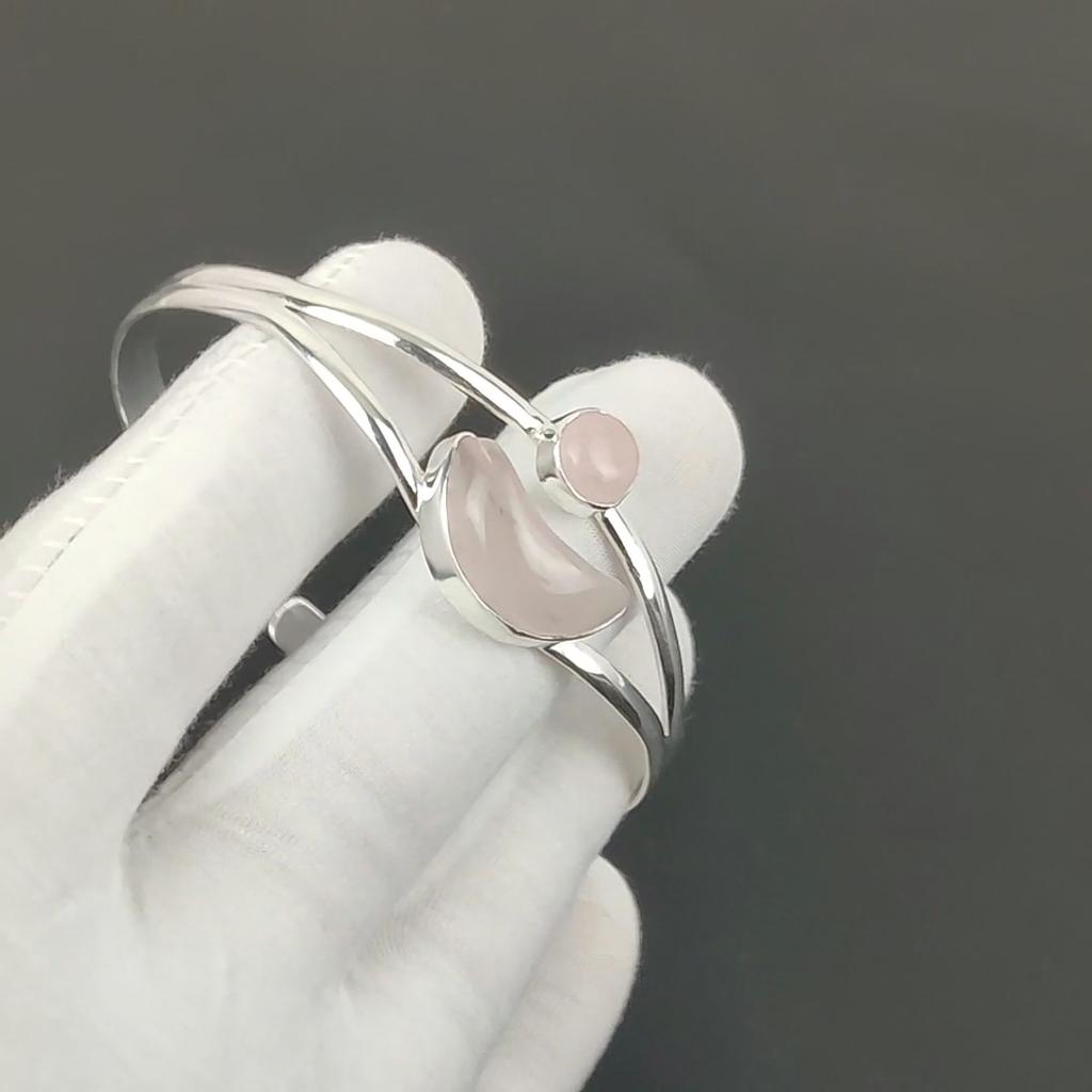 Natural Rose Quartz Gemstone Handmade Cuff Bangle 925 Sterling Silver Cuff Bangle, Rose Quartz Bracelet For Wife, Unisex Bangle, Gift For Love