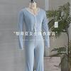 Europäischer und Amerikanischer Stil Damen Pyjama Set Langarm Schmal Geschnittenes Oberteil und Lange Hose mit Spitzenbesatz Sexy Loungewear