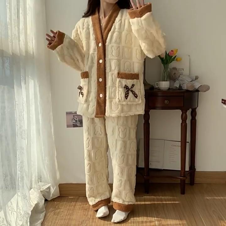 Dámské zimní teplé domácí oblečení, oblečení na spaní, dámské flanelové, silné korálové rouno, oversized pyžamo, plyšový korálový samet