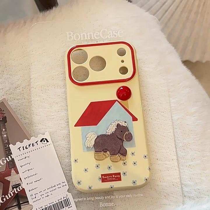 Korean 3D Cartoon Pony Horse Glitter House Phone Case For iPhone 17 16 15 14 13 12 Pro Max Shockproof Protective Soft Cover