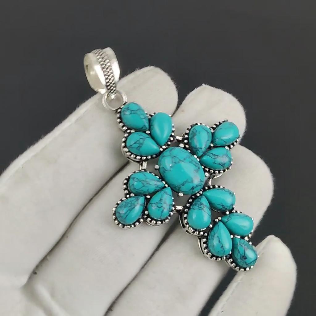 Natural Turquoise Gemstone Silver Cross Pendant In 925 Sterling Silver - Handmade Pear Design, Everyday Wear Jewelry Birthday Gift