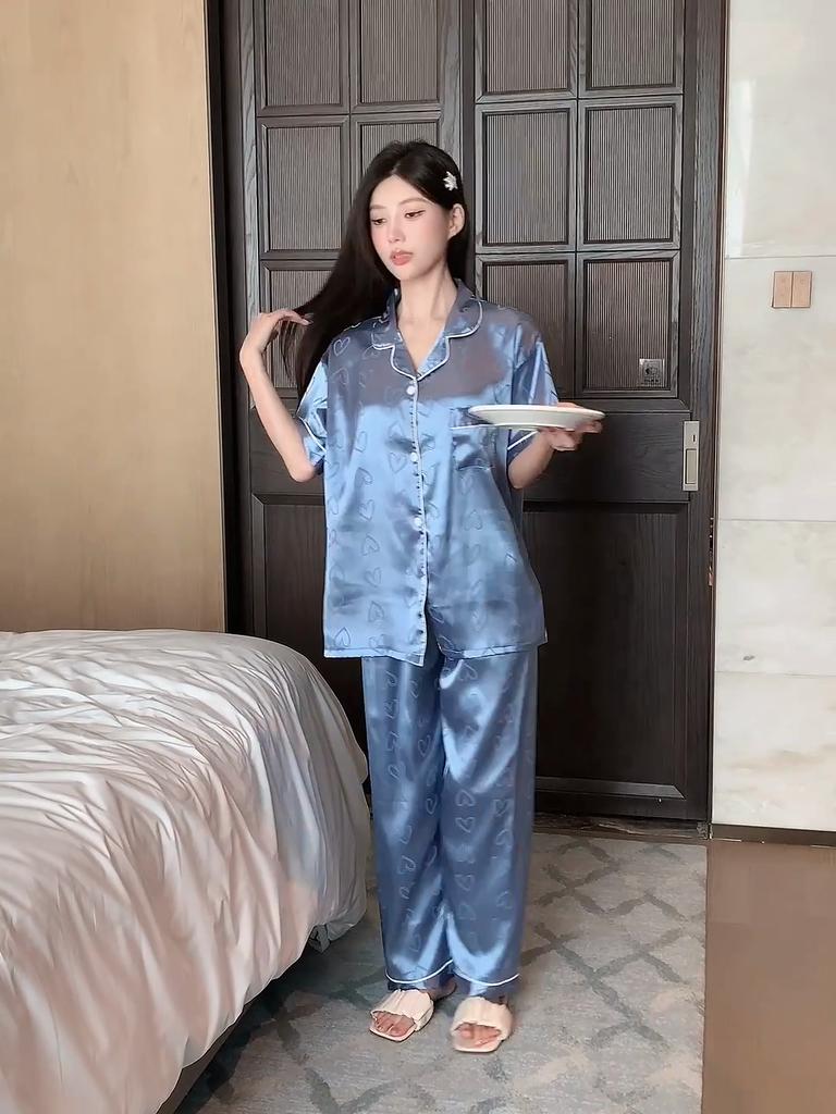 Damen Schlafanzugsets Ruhe Sommer Herbst Pyjama Set Umlegekragen Kunstseide Satin Kurzarm Oberteile und lange Hosen Weiblicher Pijama Hauskleidung