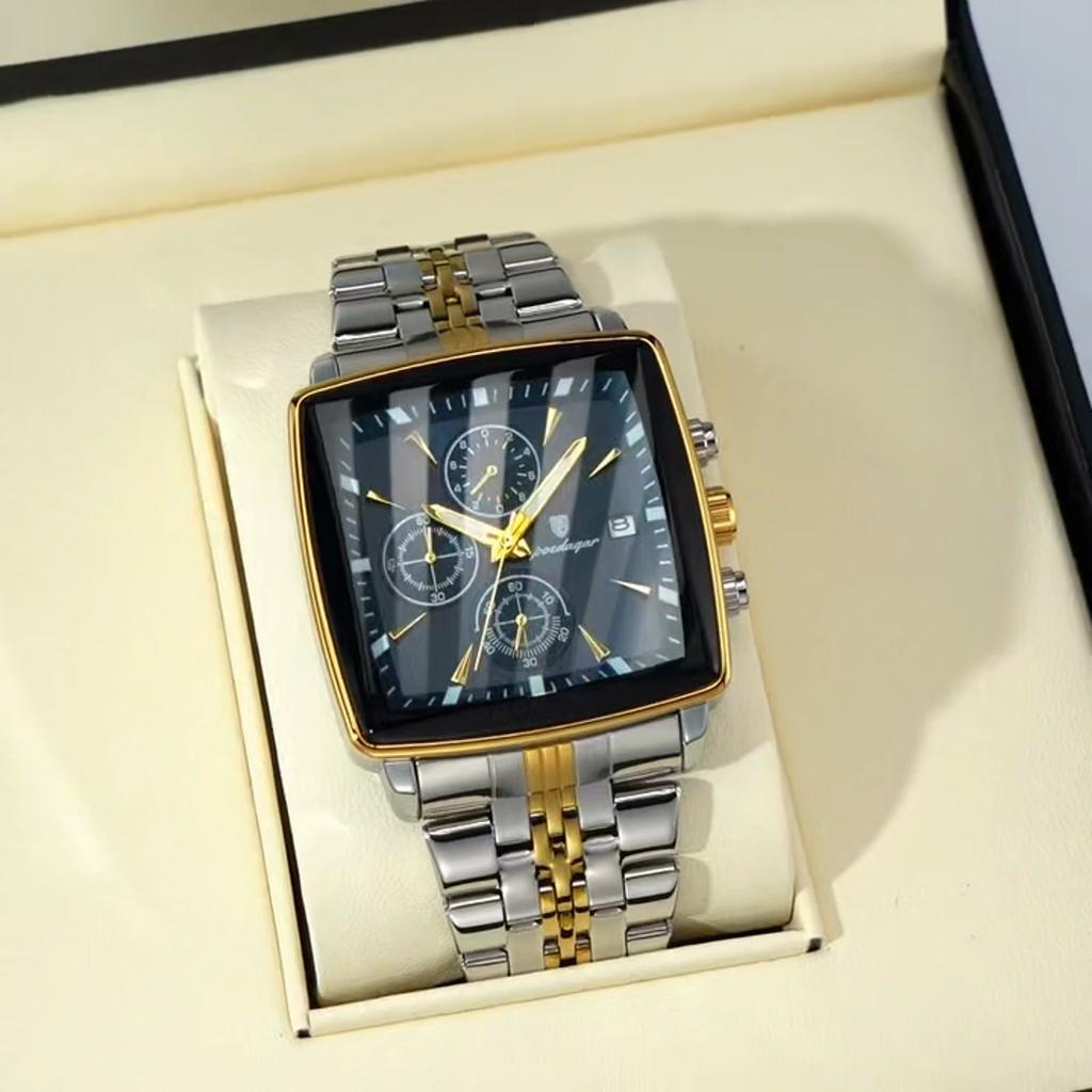 Business Quartz Watch Men Gold White Chronograph Dress Wristwatch with Stainless Steel Band Auto Date Luminous Hands 24-hour