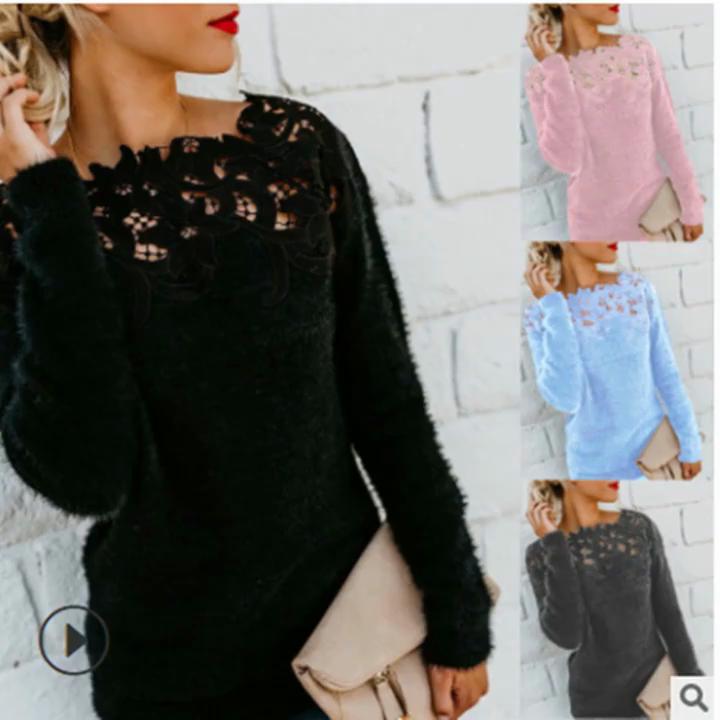 Women's Clothing Clothing Solid Color Patchwork Lace Long-sleeved Sweater Pullovers