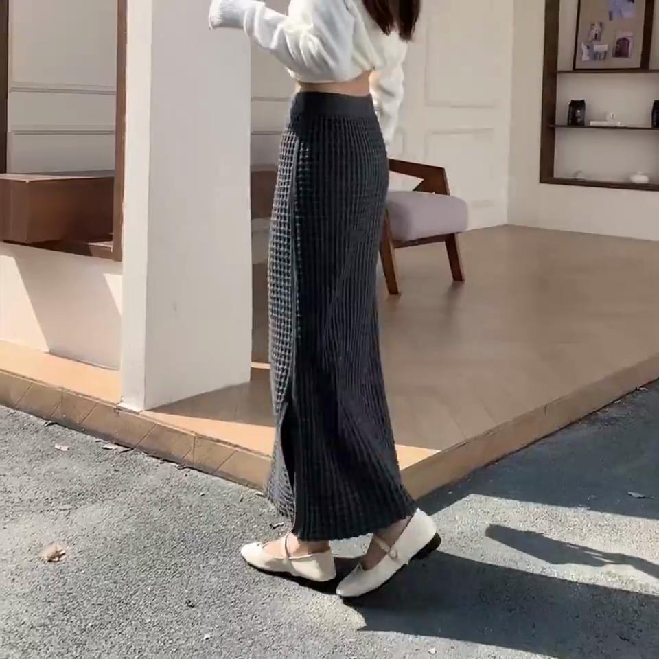 Korean Fashion Autumn Winter Women Split Skirt High Waist Waffle Pattern Knitting Skirt Knitted Elegant Feminine Black Gray Skirts