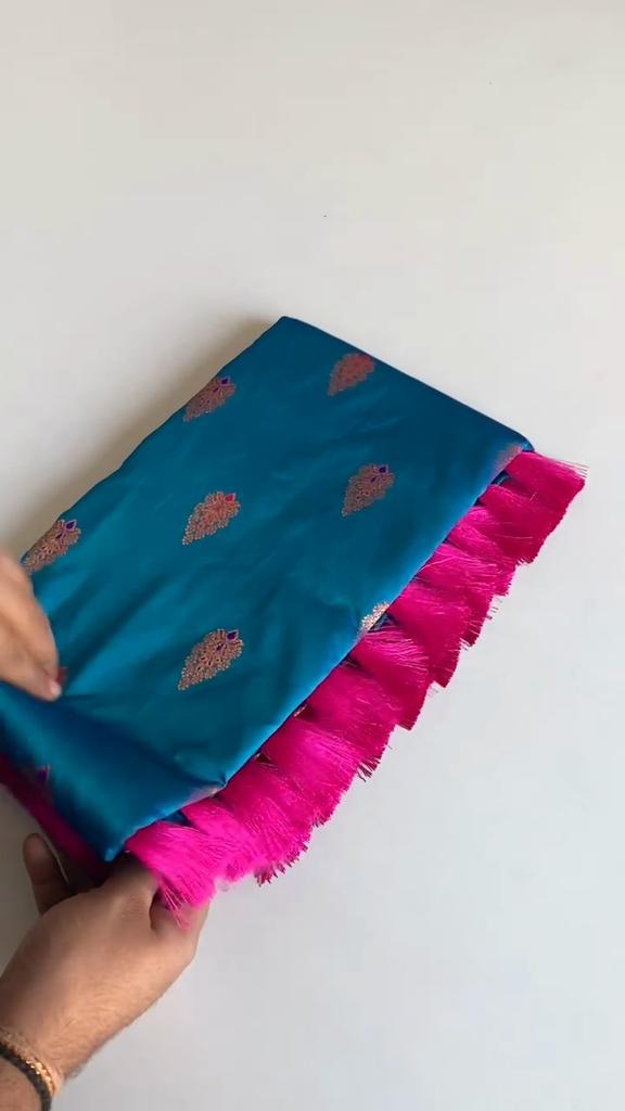 Paithani Silk Sarees  with Unique Peacock Motifs and Meenakari Work Having Contrast Pallu and Designer Contrast Border. With Tassels.