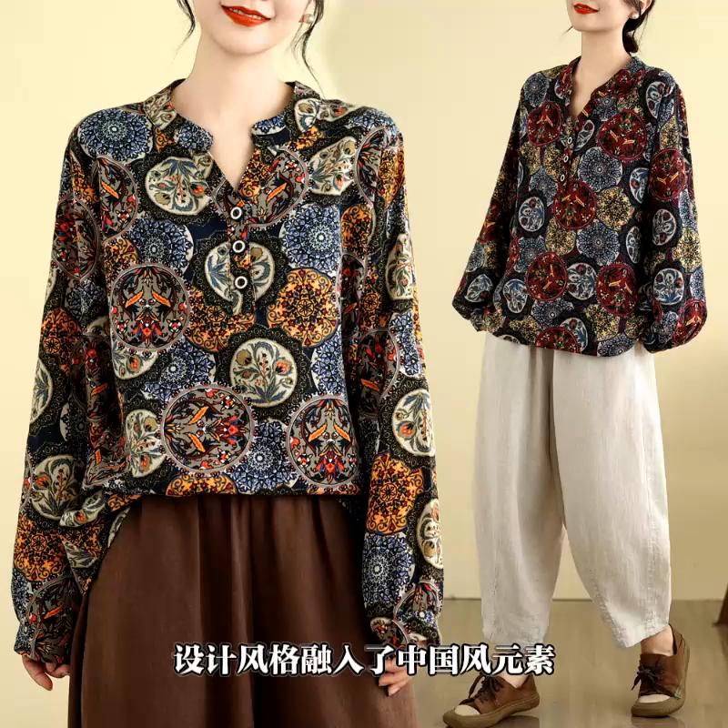 Chinese Style Literary Retro Cotton and Linen Long-sleeved T-shirt Tops for Women's Spring and Autumn New Loose Bottoming Shirts