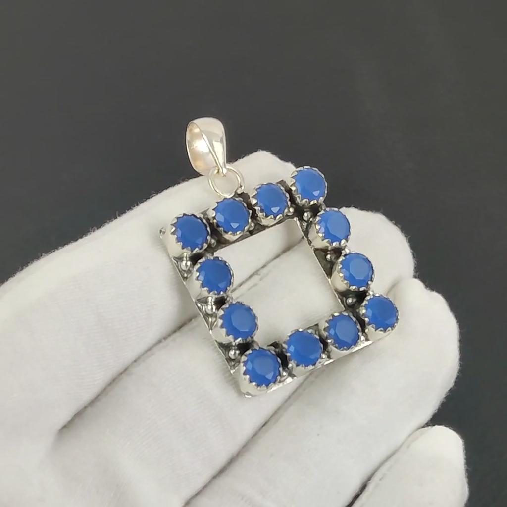 Natural Blue Chalcedony Gemstone Silver Pendant in 925 Sterling Silver- Handmade Design, Everyday Wear Jewelry, Unique Pendant Wadding Gift